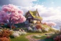 beautiful Japanese traditional house with cherry blossoms at sunset. Generative AI Royalty Free Stock Photo