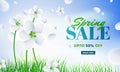 Beautiful jasmine flowers illustration on shiny nature landscape background for Spring sale.