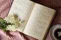 Beautiful jasmine flowers, open book and cup aromatic tea on pink fabric, flat lay Royalty Free Stock Photo