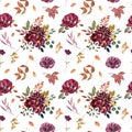 Watercolor autumn floral seamless pattern on white background. Fall red, burgundy, purple flowers, dry orange leaves, foliage Royalty Free Stock Photo