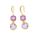 Purple square and round crystal with gold element Beautiful jewelry set. Watercolor drawing Golden earrings with