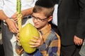 Israel, Jerusalem October 08, 2017: Celebrating sukkot at the Western Wall. Beautiful Jewish boy with etrog