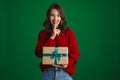 Beautiful joyful nice girl posing with Christmas gift Royalty Free Stock Photo