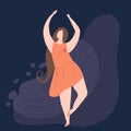 Beautiful joyful woman dancing on abstract background. Modern flat illustration of a strong self sufficient woman