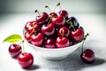 Juicy fresh cherries in a bowl on a gray background. Generative AI