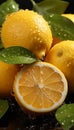 Beautiful juicy lemon slices and halves covered with clear drops of pure water