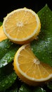 Beautiful juicy lemon slices and halves covered with clear drops of pure water