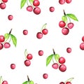 Pattern consists of cherry branches with a leaf, ripe berries burgundy color .