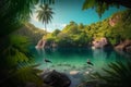 Beautiful jungle beach lagoon view with palm trees and tropical leaves Generative AI. Royalty Free Stock Photo