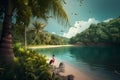 Beautiful jungle beach lagoon view with palm trees and tropical leaves Generative AI. Royalty Free Stock Photo