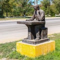 Detail view on Monument of a lonely sitting Chess Player. The Person Thinking about next steps. Located in Temirtau, Kazakhstan 