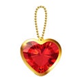 Beautiful keychain with heart pendant on a gold chain. Red ruby gemstone in gold setting isolated on white background Royalty Free Stock Photo