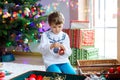Beautiful kid boy and colorful vintage xmas toys and balls. Child decorating Christmas tree Royalty Free Stock Photo