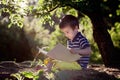 Beautiful kid boy, reading a book in garden, sitting next to a t