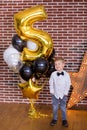 Beautiful kids, little boys celebrating birthday and blowing candles on homemade baked cake, indoor. Birthday party for Royalty Free Stock Photo