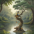 Beautiful king fisher on tree AI generated