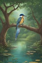 Beautiful king fisher on tree AI generated