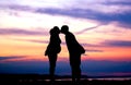 a beautiful kiss of two young people at sunset