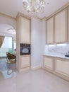 Beautiful kitchen interior in new luxury home with and view of l