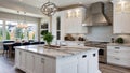 Beautiful kitchen interior in new luxury home, with white cabinets and woodwork. Royalty Free Stock Photo