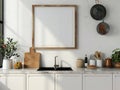 A beautiful kitchen with a large wooden frame on the wall, a sink, and a variety of kitchen utensils and plants on the counter