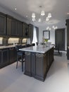 Beautiful kitchen in luxury home with island, pendant lights, cabinets, and self-leveling floors. marble backsplash, elegant