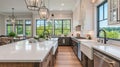 Beautiful kitchen in new luxury home with large waterfall island. Generative Ai Royalty Free Stock Photo