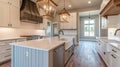 Beautiful kitchen in new luxury home with large waterfall island. Generative Ai Royalty Free Stock Photo