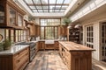 Beautiful kitchen in new traditional style luxury home, with large island, double ovens.. Generative AI