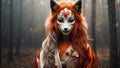 Beautiful kitsune with face mask standing in front of gloomy forest asian folklore