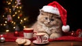 A beautiful kitten cat wearing Christmis cap sitting on table with cup of tea Royalty Free Stock Photo