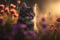 Beautiful kitten in a meadow with flowers at sunset. Toned.