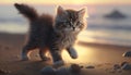 A Beautiful Kitten Walks on the Beach. Generative AI