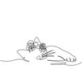 A beautiful kitty with a flower is sleeping sweetly. A continuous line. Vector illustration drawn with a single line