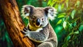 Beautiful Koala Looking at Camera while Climbing a Eucalyptus Tree Trunk - Generative Ai Royalty Free Stock Photo