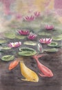 Beautiful Koi carps circling underwater watercolor illustration