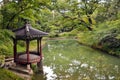 A Beautiful Korean Traditional Garden with gazebo and small lake Royalty Free Stock Photo