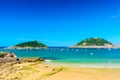 Beautiful La Concha beach with nobody at San Sebastian Donostia, Spain. Best european beach in sunny day Royalty Free Stock Photo