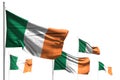 Beautiful five flags of Ireland are wave isolated on white - photo with selective focus - any feast flag 3d illustration