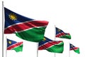 Beautiful labor day flag 3d illustration - five flags of Namibia are waving isolated on white