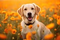 Beautiful Labrador dog at the flower farm during sunsets. AI Generated Image Royalty Free Stock Photo