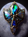 Flashy Labradorite shield brooch on moonstone background