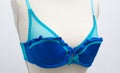 Beautiful lace blue lingerie bra small size with bow on dummy mannequin chest close up