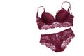 Beautiful lace lingerie on a white isolated background. Burgundy underwear set. Bra and panties classic Royalty Free Stock Photo