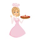 Beautiful lady confectioner serves chocolate cake with cherry