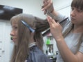 Beautiful lady doing hair in the salon.Hairdresser doing haircut in hairdressing salon. Russia. Saint-Petersburg. The summer of 2