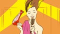 Cartoon Beautiful Lady Drying Her Hair by Hairdryer And Sinnging Song Holding a Hair Brush Like Microphone Royalty Free Stock Photo