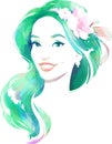 Smiling young happy woman with flower wreath on long hair. Watercolor illustration