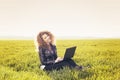 Beautiful lady with her laptop on grass Royalty Free Stock Photo