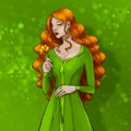 Beautiful lady with long red hair wearing green dress, smells golden flower